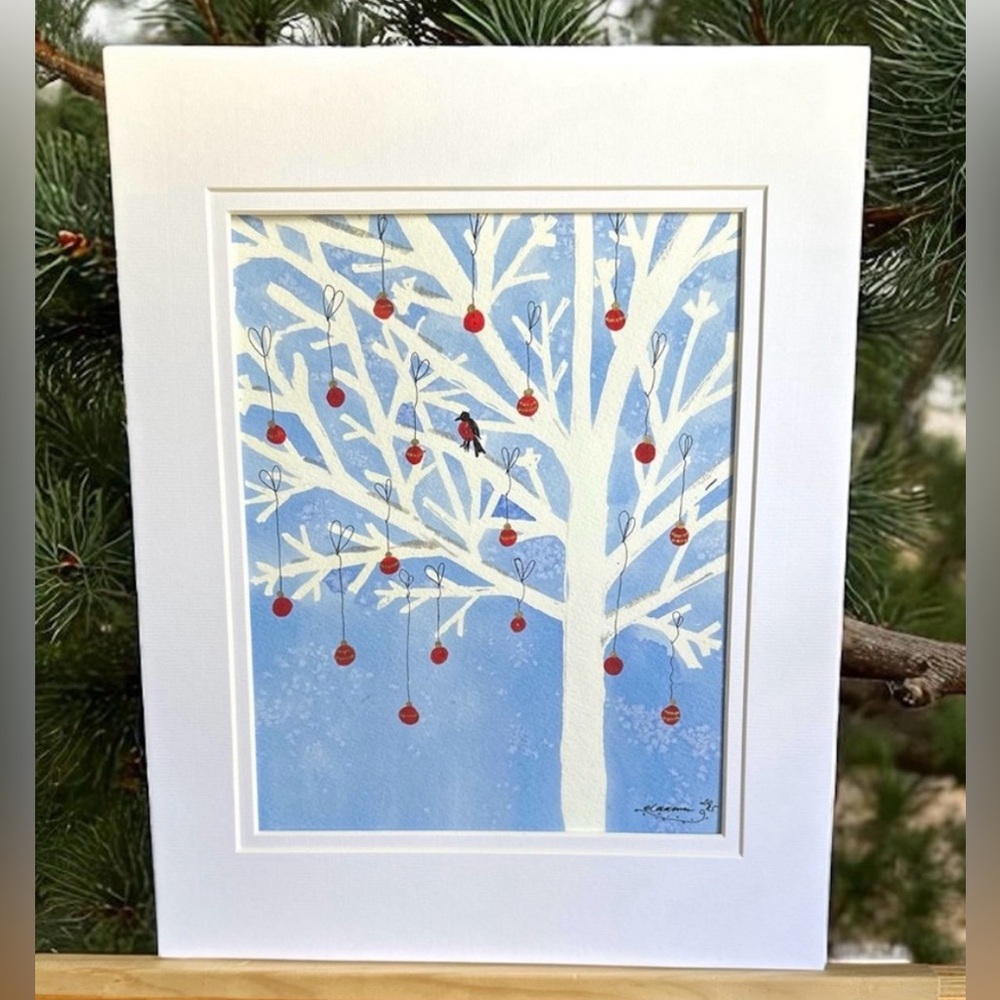 🎉SALE! Hand-Made New Watercolor Art White Tree with Ornaments